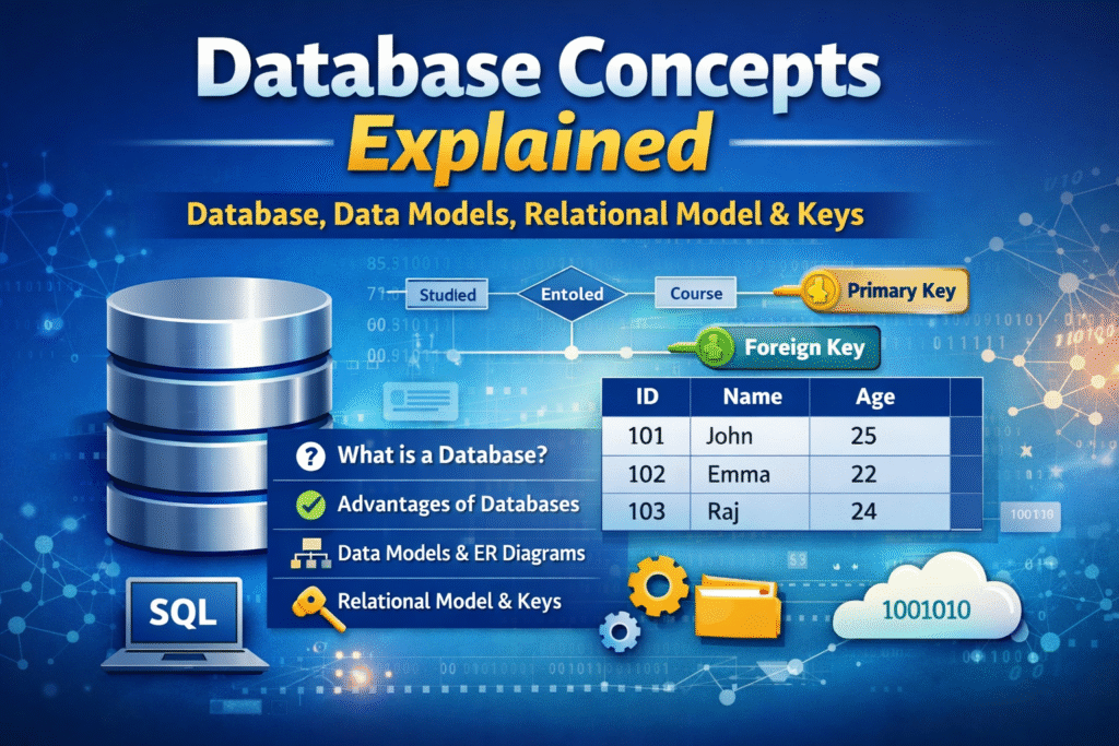 Database Concepts - Database, advantages, data models, terminologies, keys